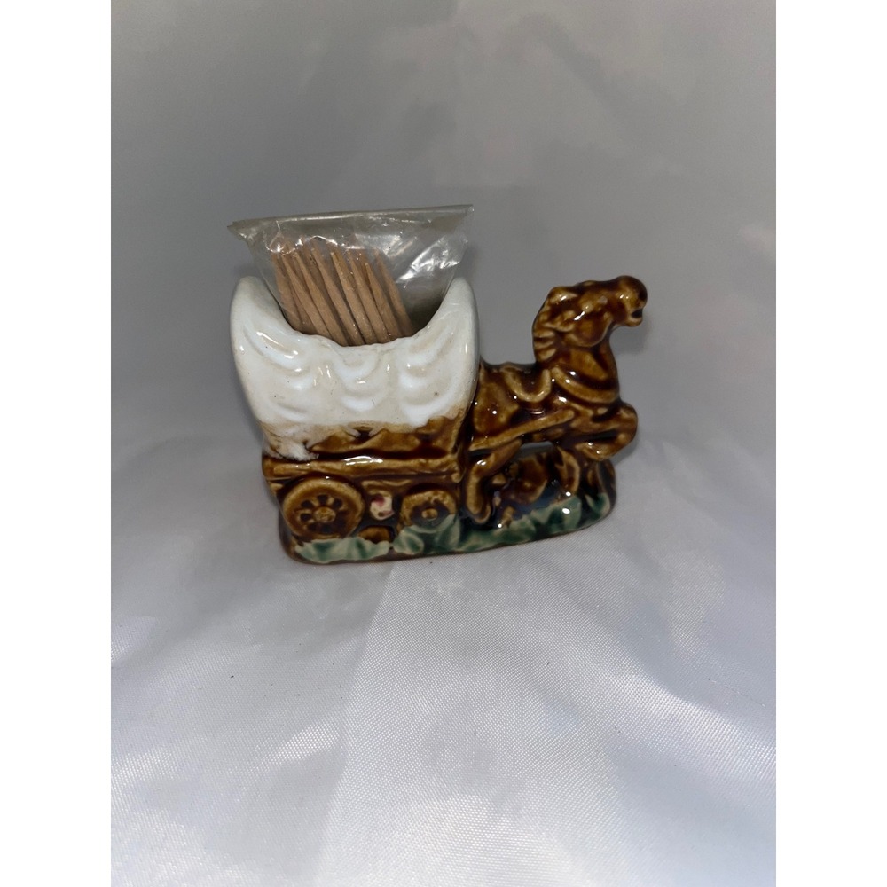 Vintage Iowa Hawkeye State Souvenir Toothpick Holder Horse Covered‎ Wagon Japan - Picture 2 of 3